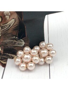 Faux Pearl Cluster Clip-on Earrings Champagne Blush Color 1"  Feminine Romantic